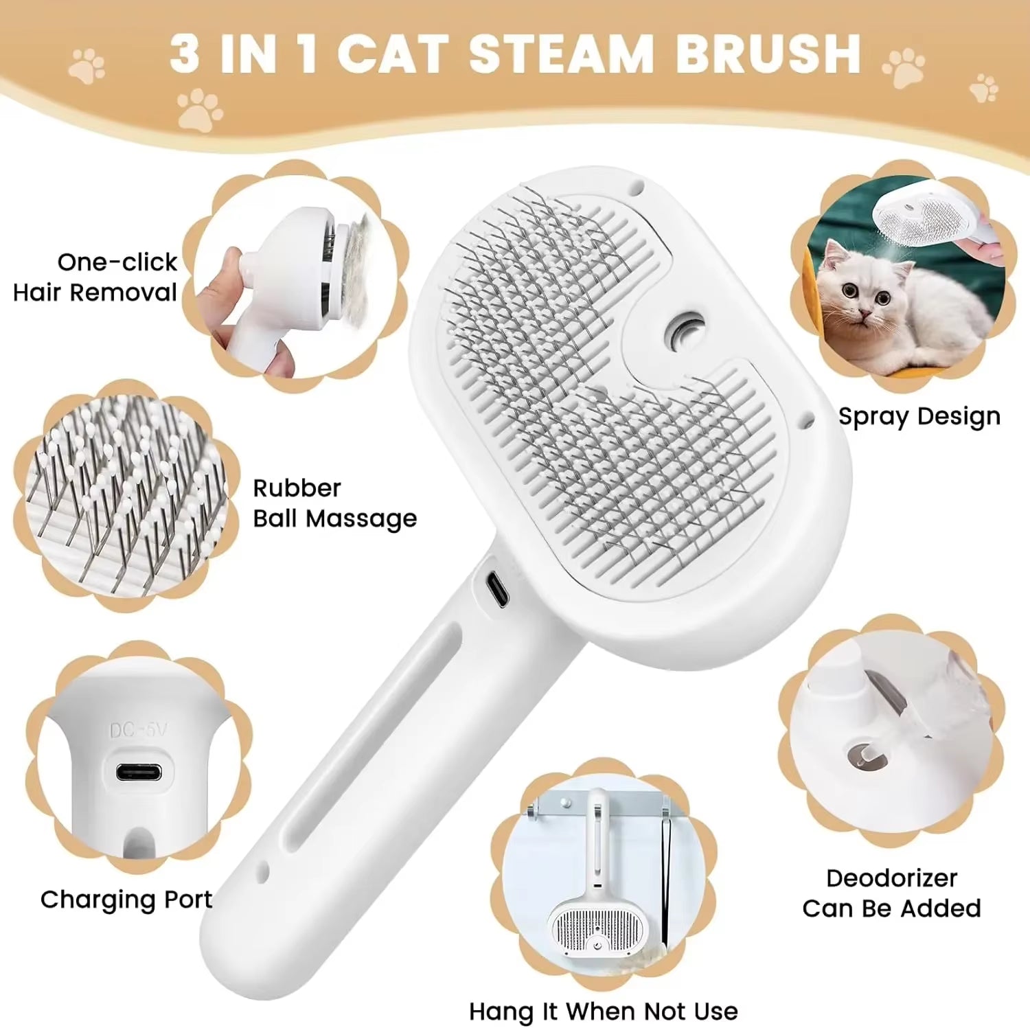 3-In-1 Electric Steam Grooming Brush for Cats & Dogs