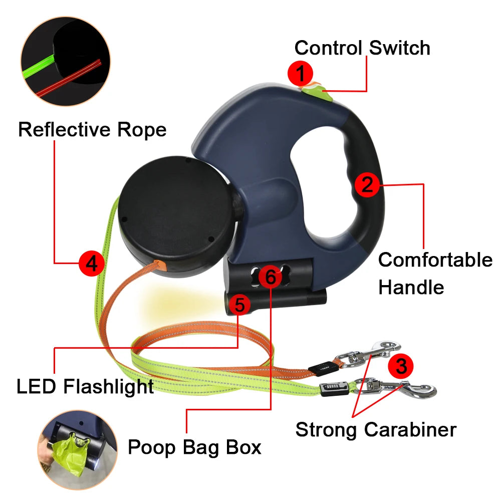Retractable Dual Dog Leash with LED Light - No Tangle