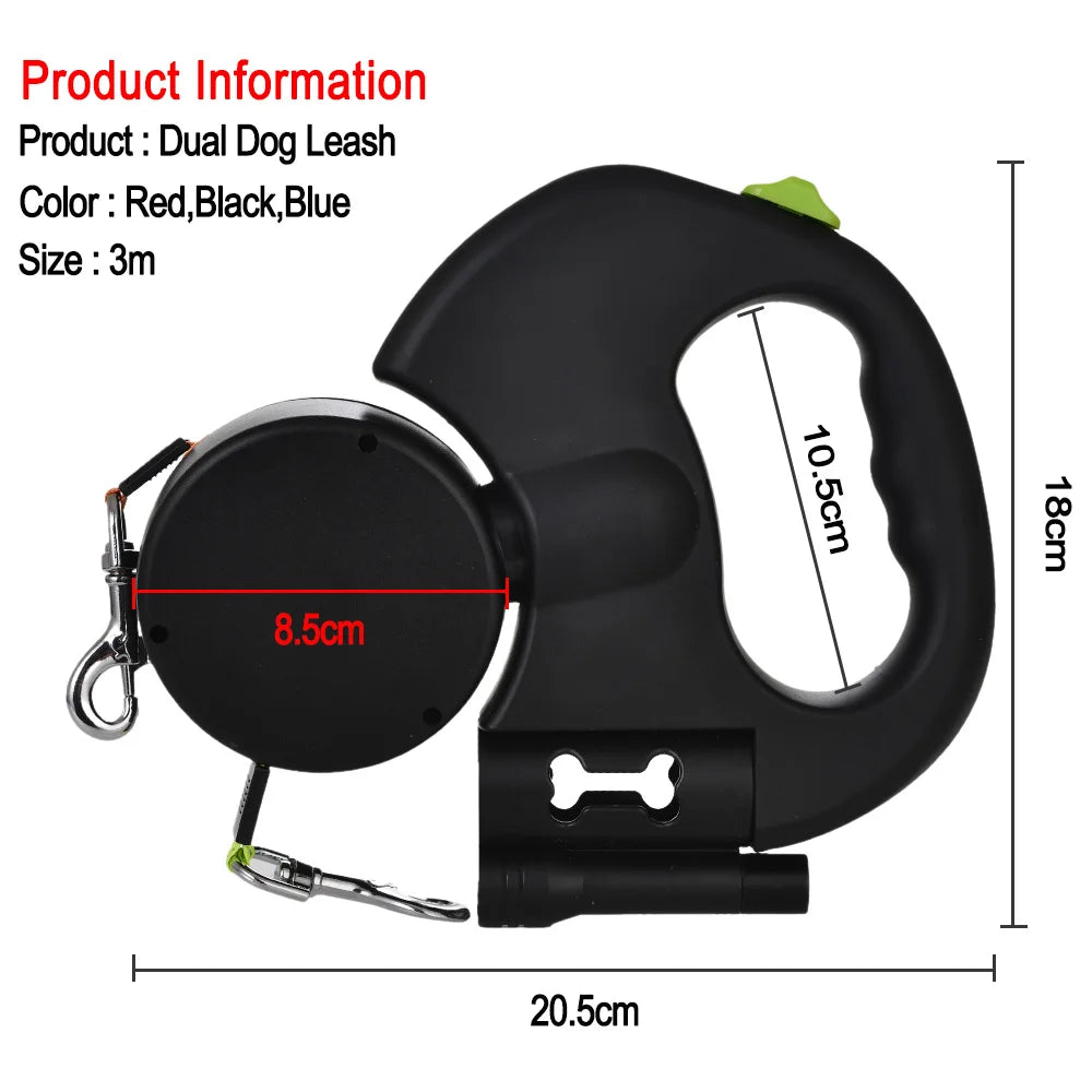 Retractable Dual Dog Leash with LED Light - No Tangle